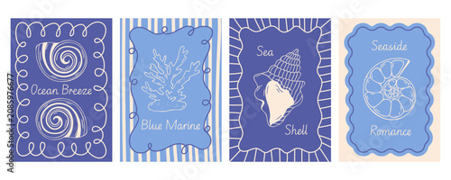 Seashell poster set with spiral snail, coral reef, murex conch, nautilus, wavy frame, stripe, hand drawn vector, blue mediterranean line art, retro flat style, for vacation, resort greeting card print