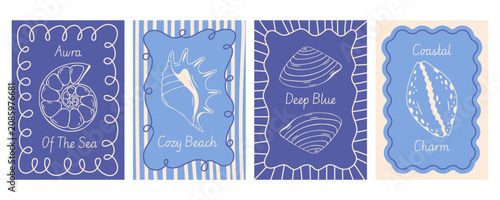 Summer marine greeting card set with nautilus shell, conch, clam, cowrie, curly frame, stripes, hand drawn vector, blue mediterranean line art, retro flat style for vacation print, seashell poster
