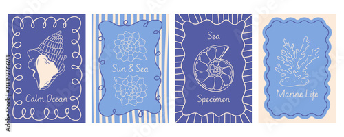 Seashell marine poster set with murex conch, spiral nautilus shell, coral reef, wavy frame, stripe, hand drawn vector, blue mediterranean line art, retro flat style for summer beach card, cover