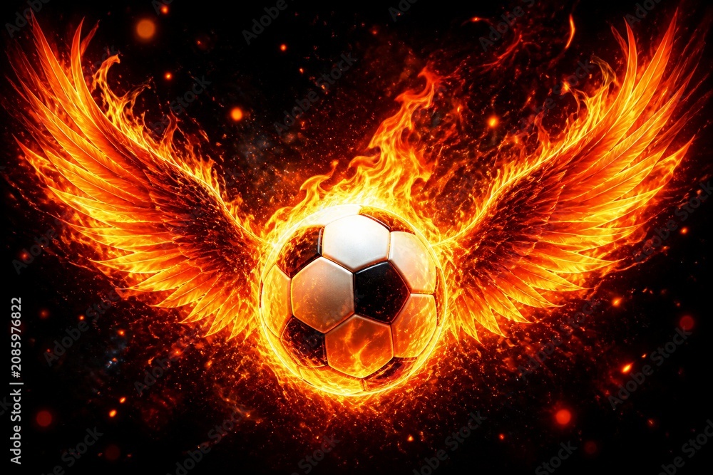 Naklejka premium Soccer ball with radiant flaming wings over dark background
