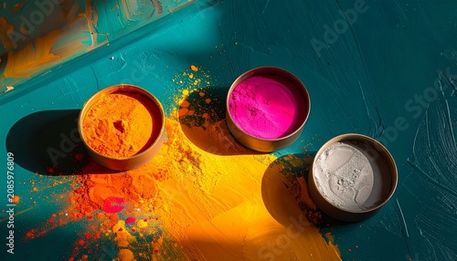Bright powders in round containers on teal surface with vibrant color contrast