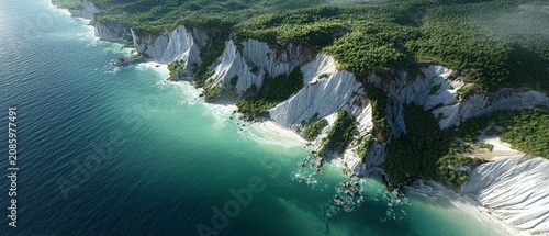 Aerial view of rocky coastline with clear turquoise water