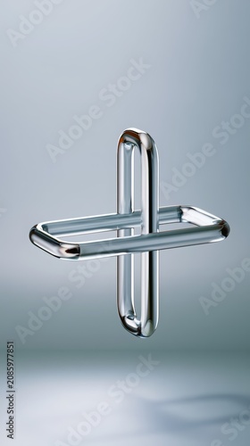 Impossible object creating a visual paradox with chrome metallic tubes, forming an abstract 3d geometric shape and optical illusion on a light background