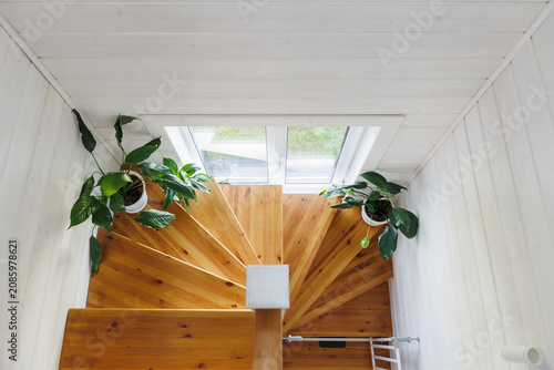 Canvas Print Top-down view of warm wooden spiral staircase framed by white walls and ceiling
