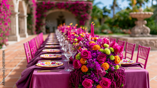 Luxury outdoor wedding reception table decorated with vibrant floral centerpieces and elegant table settings