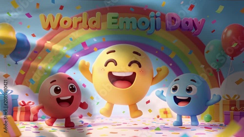 Joyful World Emoji Day celebration with colorful characters and rainbow festive confetti and balloons for social media and greeting cards