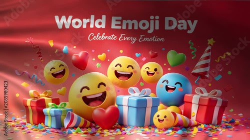World Emoji Day celebration with diverse happy emojis gift boxes and confetti conceptual design for social media, online greeting cards and commercial uses