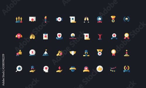 Gradient flat style icons set with achievement, award, badge, medal, trophy, certificate, and recognition elements on dark UI background vector illustration.