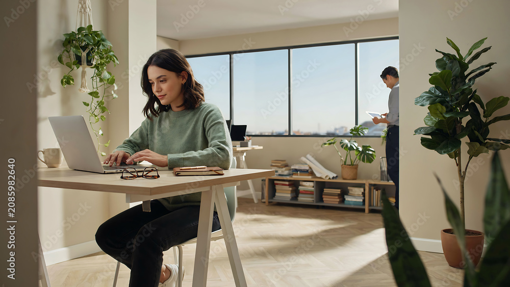 Obraz premium Woman working on laptop at desk in bright home office with houseplants