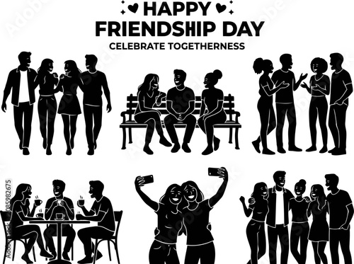 Happy friendship day silhouette of people celebrating together celebration