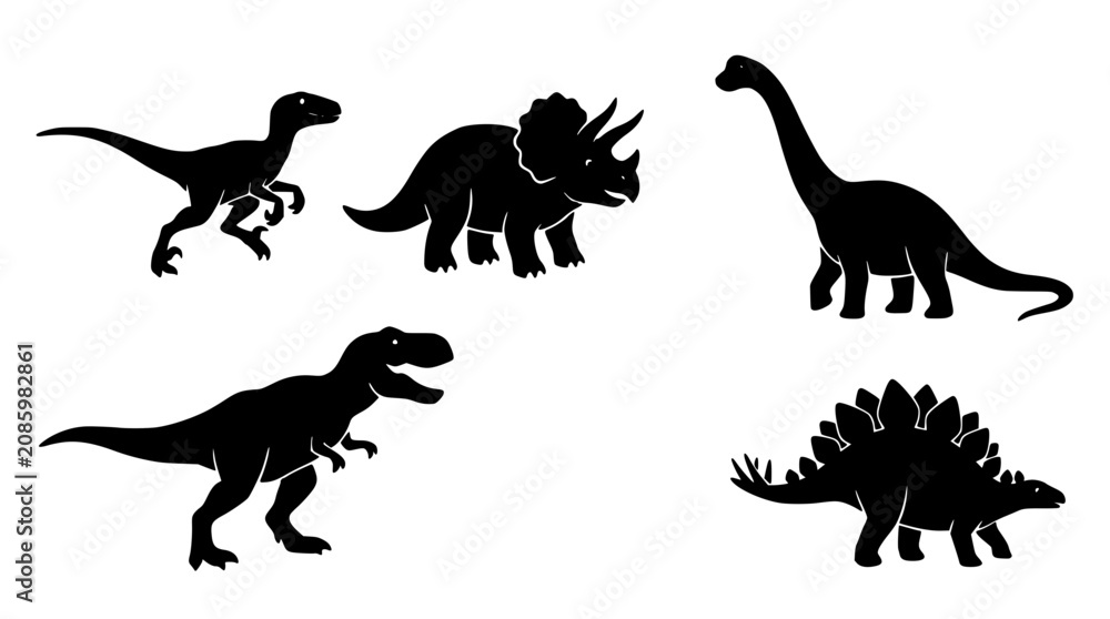 Obraz premium Dinosaurs Walking in a Prehistoric Scene, Illustrated in Black Silhouettes Featuring Illustration, Ancient, Creatures