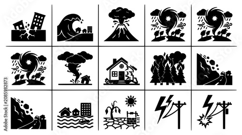 Φωτογραφία Disasters Icons Depicting Natural and Man-Made Calamities in Black and White Vec