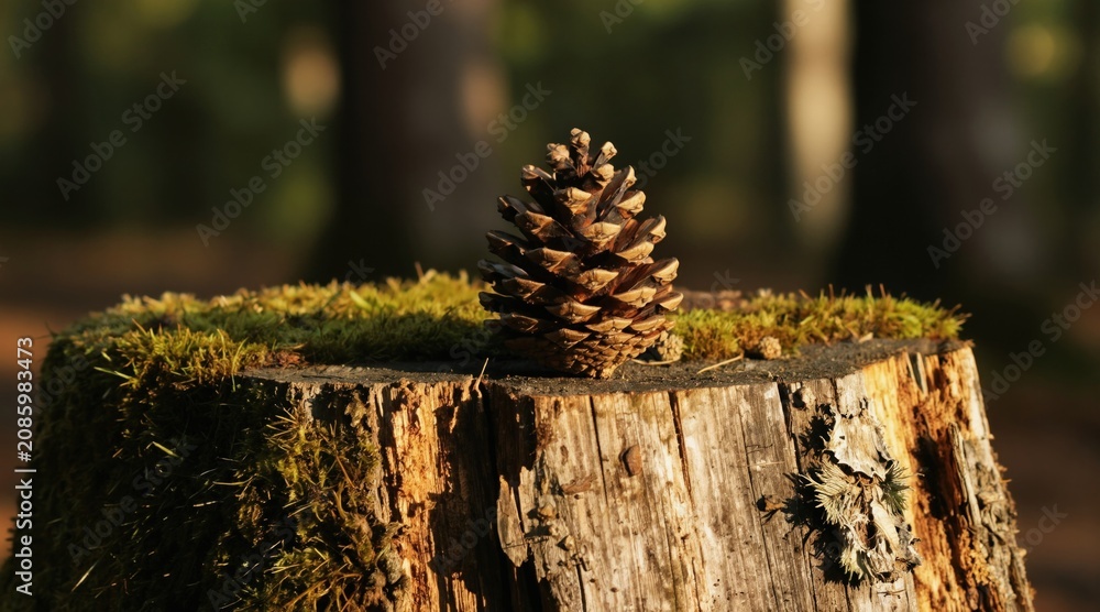Fototapeta premium Pinecone rests atop mossy tree stump within dense forest. Soft daylight illuminates scene creating tranquil mood. Blurred background adds depth to woodland setting. Natural textures showcase organic