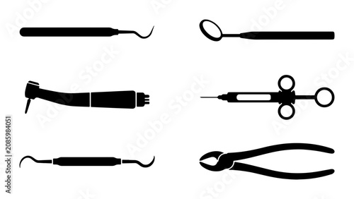 Schilderij op canvas Dental Tools Vector Icons: Oral Hygiene, Surgery, Examination Instruments, and E