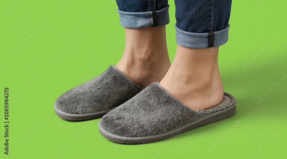 Naklejka premium Person wears soft gray slippers, standing indoors. Comfortable house shoes with blue jeans and rolled cuffs on green background. Cozy, warm footwear.