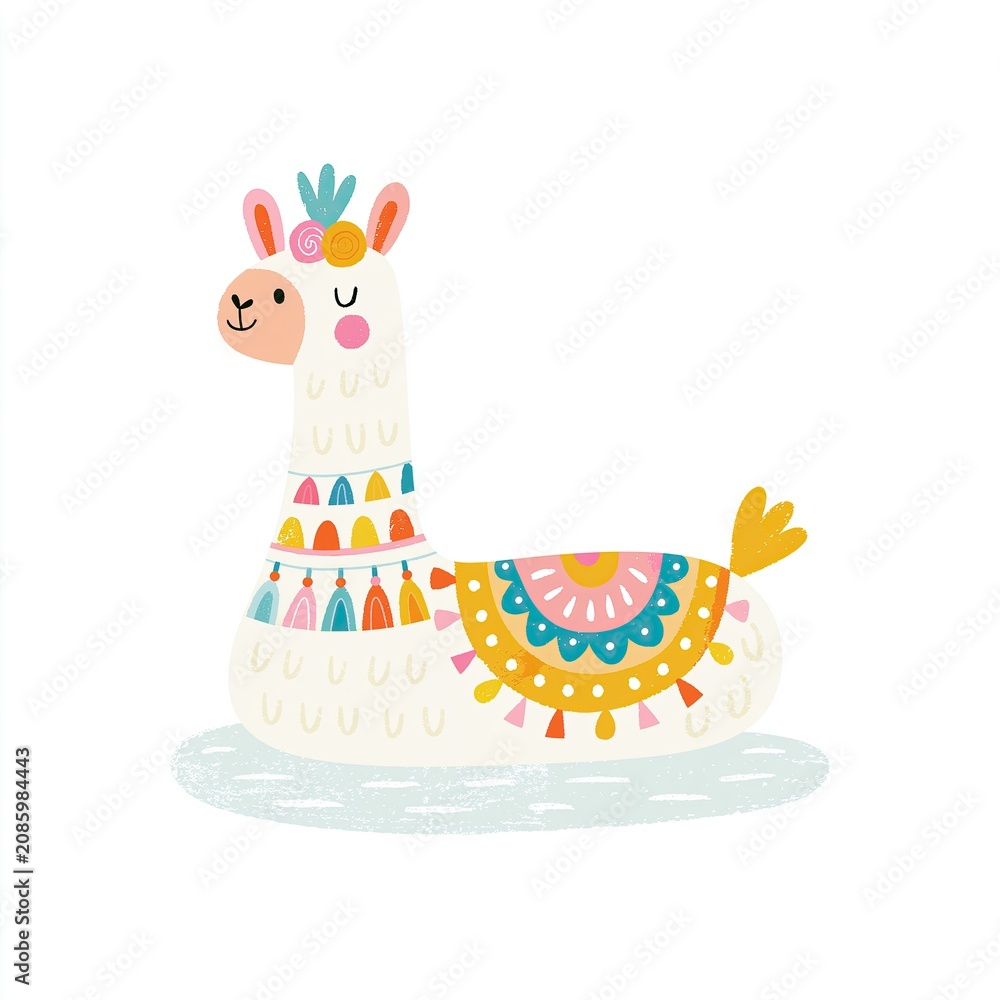 Fototapeta premium Cheerful Whimsical Llama Cartoon with Tribal Patterns - Fun Colorful Animal Illustration for Children's Decor