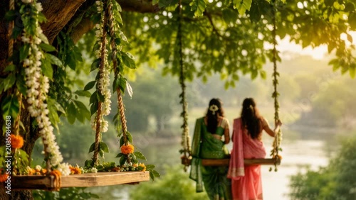 Hariyali Teej scene. Decorated swing and copy space. Women on swing on the background. Warm sunset light filters through the lush green canopy, creating a peaceful scene.
