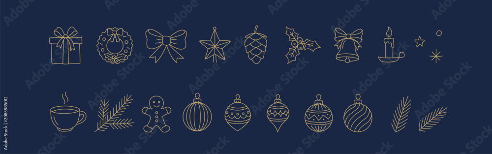 Fototapeta premium Christmas Icons Set with ornament balls, holly, gingerbread man and bow. For greeting cards, banners, stationery and packaging.