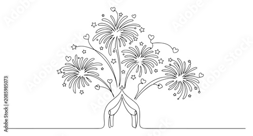 Fotografía Fireworks exploding above wedding altar with hearts and stars in continuous line
