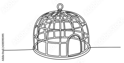 Foto Round birdcage with open door for pets in continuous line art style
