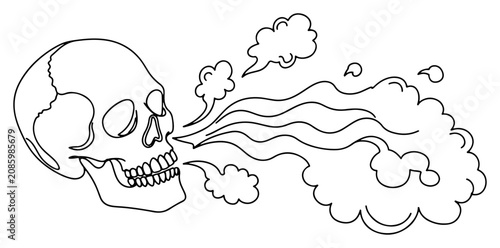 Foto Human skull with smoke or clouds exhaling from mouth in continuous line art styl