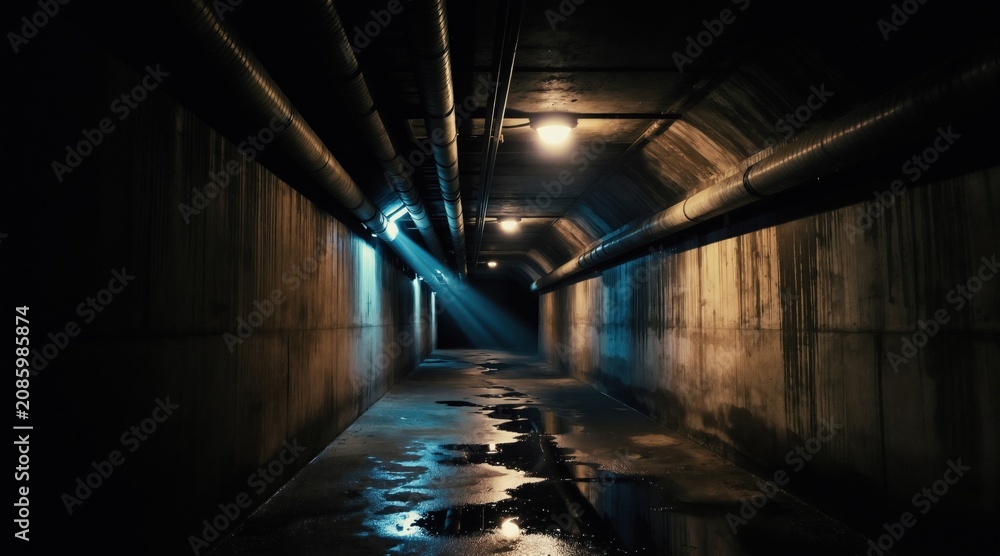 Fototapeta premium Dark concrete tunnel passage with overhead pipes, water puddles on floor. Light beams pierce gloomy atmosphere, revealing industrial architecture, watery reflections. Mysterious underground journey.