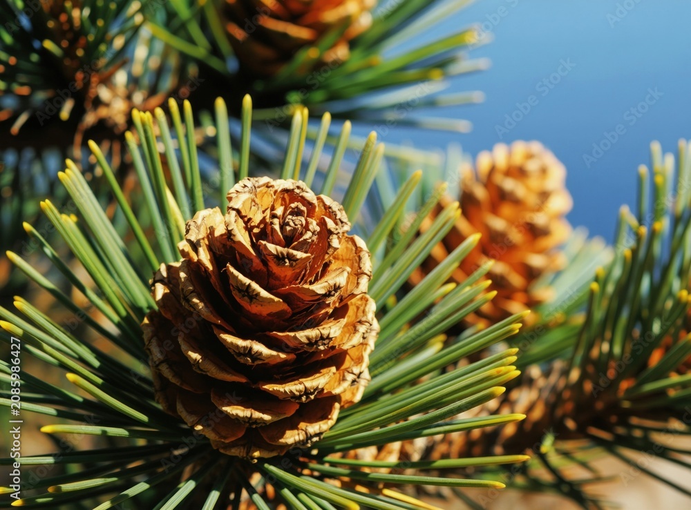 Fototapeta premium Pine cones with green needles grow on tree branches near water. Bright summer day with clear blue sky provides fresh, natural outdoor scenery. Woody plant life shows organic growth.