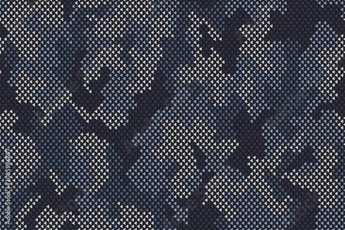 Full Seamless navy camo halftone background. Large dotted camouflage texture creates a dark military print for fabric, activewear, wallpaper and tactical bags.