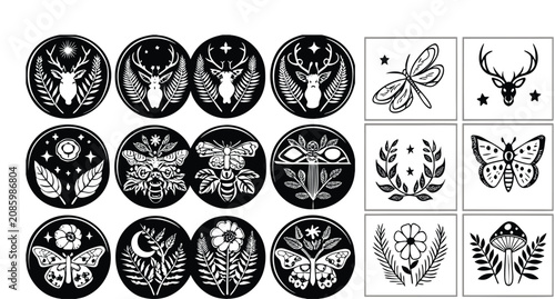 Fotografie A grid of twenty individual black and white illustrations arranged in a  layout, featuring various nature-inspired motifs with a mystical, occult aesthetic