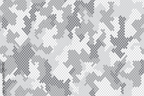 Full Seamless gray dot camo halftone background. White and silver dotted camouflage blocks create a clean urban military print for fabric, wallpaper and apparel.