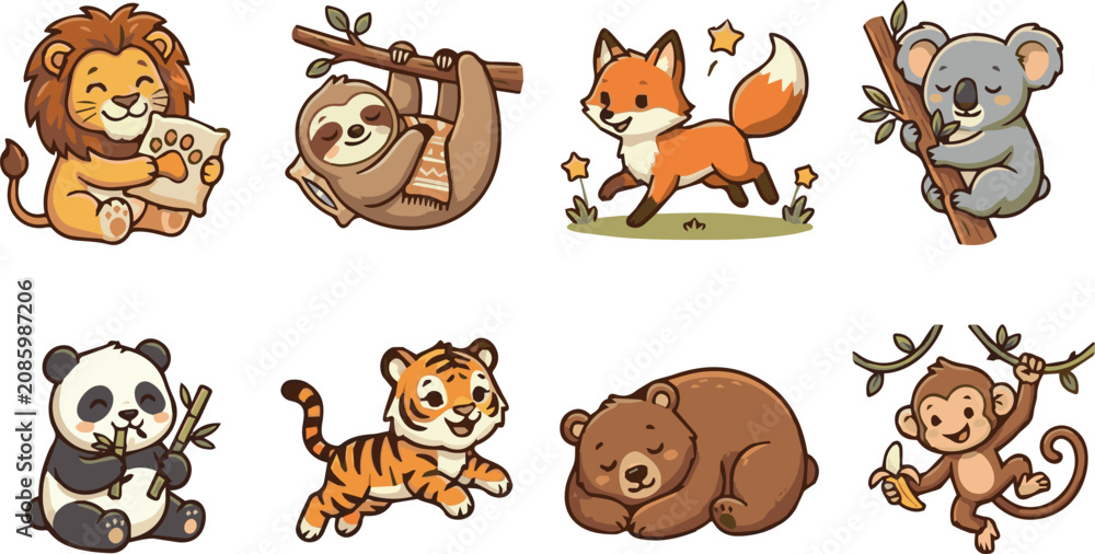 Obraz premium Various animals are gathered in a forest scene together happily.