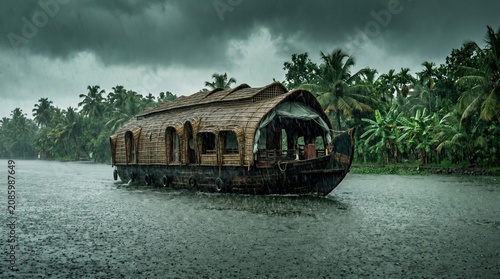 A houseboat moves slowly through the backwaters of Kerala during heavy rain. The sky is grey, and palm trees line the shore, creating a tranquil setting in nature.