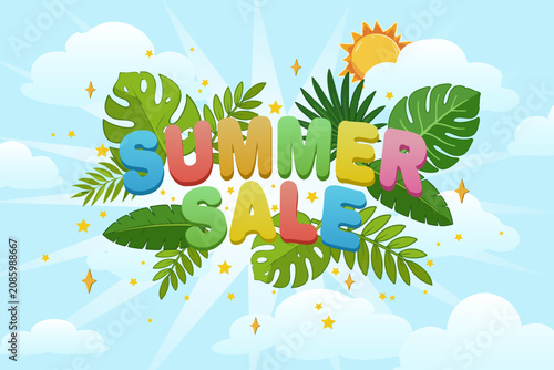 Announcing summer discounts in a beautiful banner.Vector illustration of an advertising banner with summer discounts and sales.