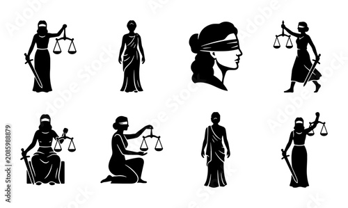 Photos Justice Icons Set: Lady Justice, Scales, Sword, Blindfolded, Vector Graphics for
