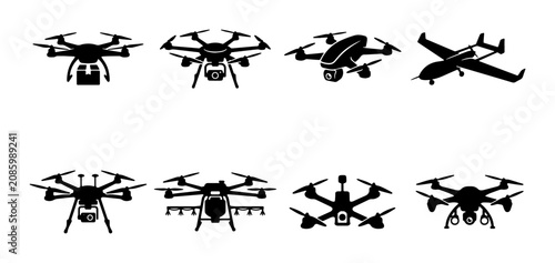 Fotografie Drone Icons Set: Quadcopter, Hexacopter, Aerial Vehicle Silhouettes for Technolo
