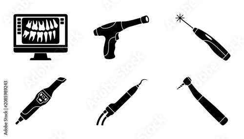 Slika na platnu Dental Equipment Icons: X-ray Monitor, Curing Light, Laser, Scaler, Drill, Handp