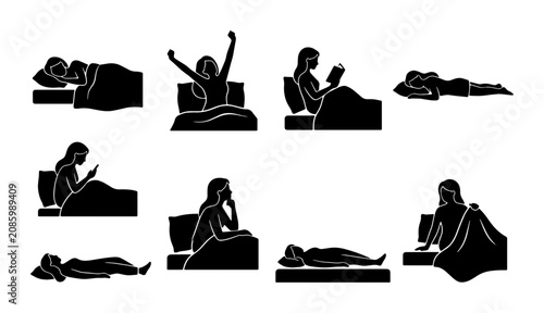 Obraz na plátne Sleep and Rest Poses Vector Icons: Woman in Bed, Reading, Waking, Relaxing, Slee