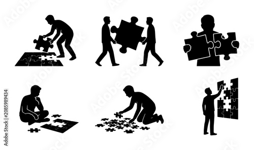 Tableau sur toile Business teamwork puzzle silhouettes, people solving jigsaw pieces, 6 vector ico