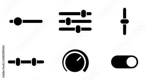 Konstfotografi Minimalist slider icons set, black interface adjustment symbols, 6 vector contro