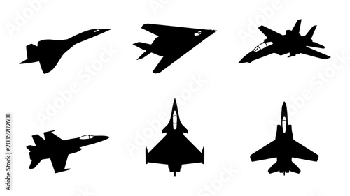 Tableau sur toile Military jet fighter silhouettes, 6 aircraft vector icons, black warplane aviati