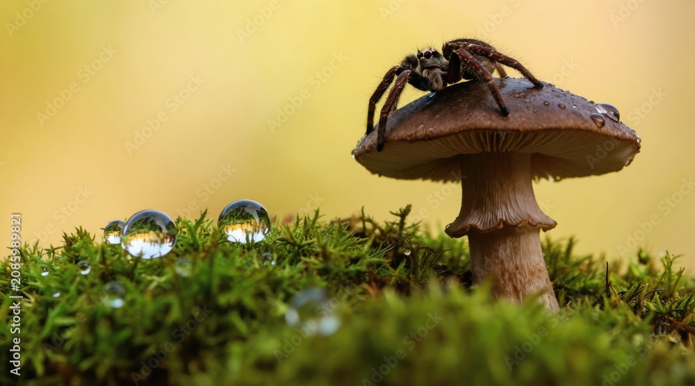 Fototapeta premium Macro image reveals spider atop brown mushroom amid rich moss. Water droplets cling to fungus and foliage creating miniature world scene. Dew glistens reflecting light, highlighting nature detail.