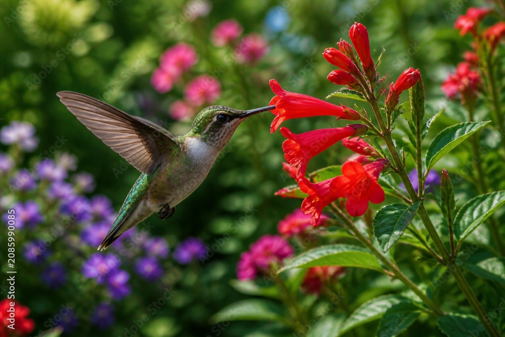 Fototapeta premium Hummingbird feeding from red trumpet flower in garden blooming