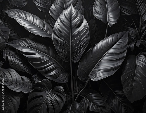 Close-up of glossy, dark green leaves, with prominent veins, creating a lush, monochrome foliage pattern. The play of light and shadow creates depth