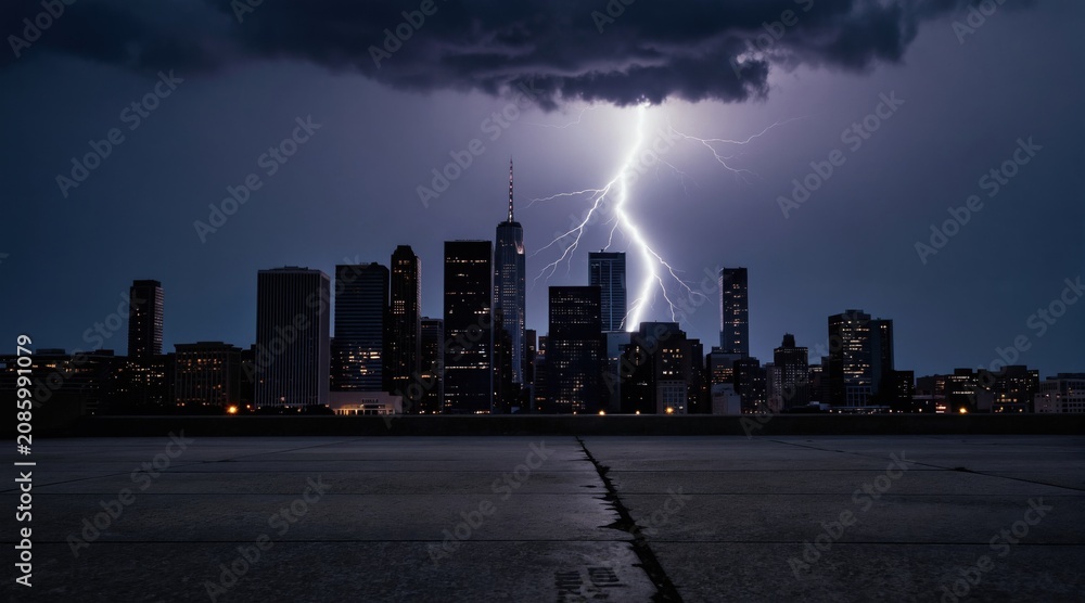 Obraz premium City skyline at night under dark stormy clouds with bright lightning bolt striking through skyscrapers. Dramatic urban landscape with illuminated windows on tall buildings during severe thunderstorm.