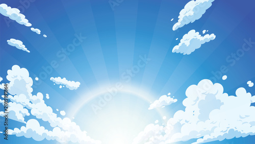 Sun in blue sky with clouds. Sunny summer day background, sunshine in spring cloudy heaven. Sunlight and cumulus effect. Realistic nature sky vector illustration.