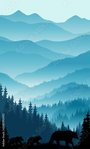 Photography Misty Blue Mountain Layers with Pine Forest and Walking Bears Vertical Vector La