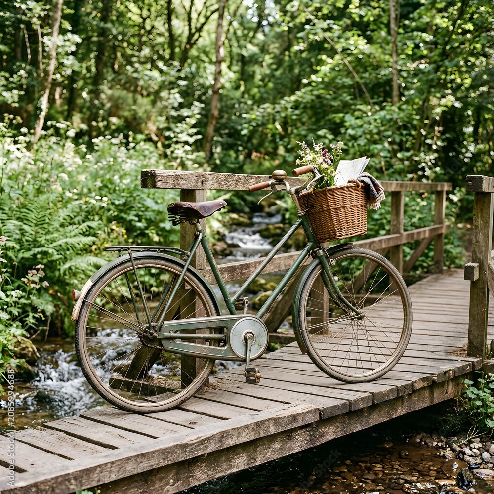 Fototapeta premium Classic vintage bicycle parked on a wooden deck in forest.