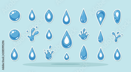 Schilderij op canvas Set of blue cartoon water drops and splashes icons on light blue background