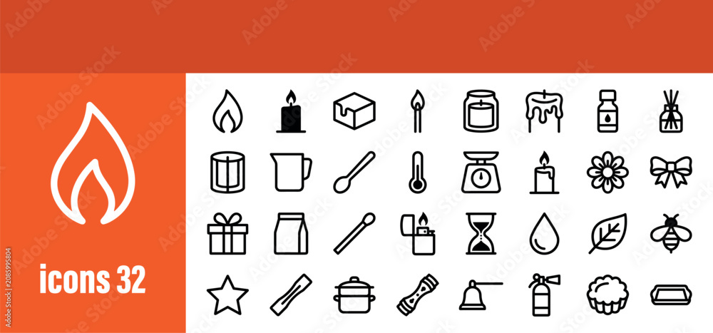 Fototapeta premium Candles and candle making outline icons set, Aromatherapy and cozy home decor line art pictograms, Crafting and decorative candle symbols