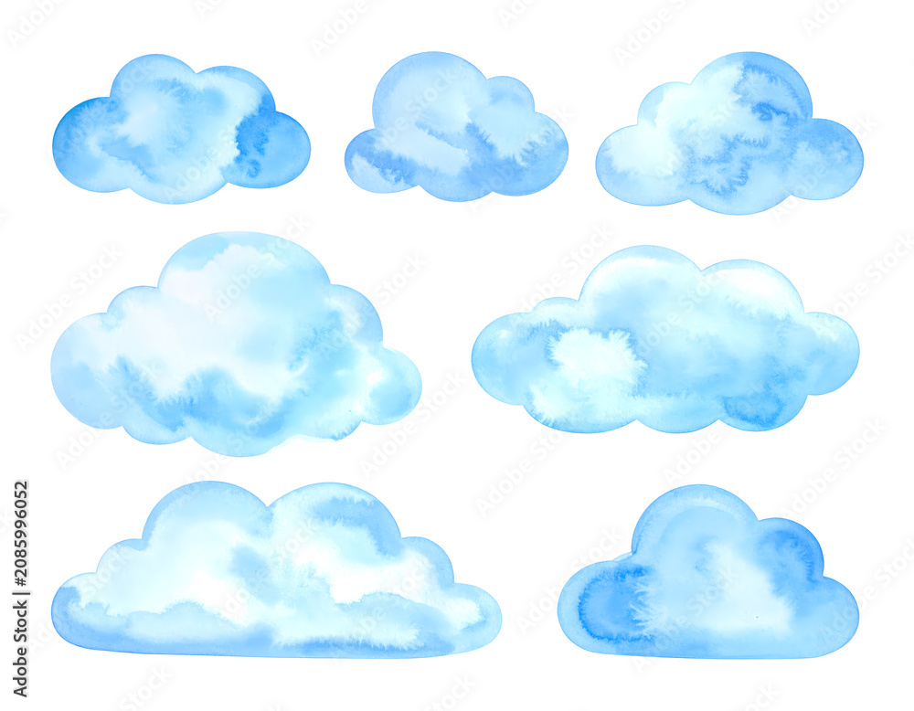 Fototapeta premium Watercolor clouds collection featuring various fluffy blue shapes isolated as artistic design elements for creative digital projects and weather themed graphic compositions&nbsp;